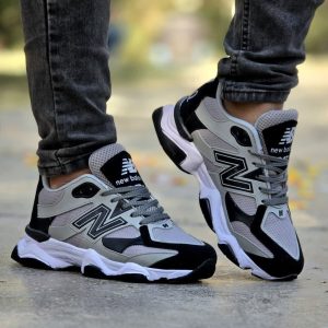 خرید اینترنتی کفش کتونی اسپرت مردانه پسرانه مدل نیوبالانس رنگ طوسی مشکی زیره سفید بی نظیر و جدید اصفهان