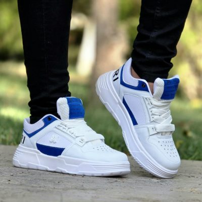 خرید اینترنتی کفش اسپرت مردانه پسرانه مدل Amiri ( امیری) بسیار نرم و خوشپا رنگ سفید آبی زیبا اصفهان
