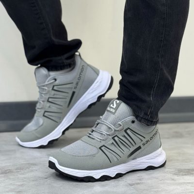 خرید اینترنتی کفش کتونی اسپرت مردانه پسرانه مدل سالامون جذااااب رنگ طوسی مشکی زیره سفید زیبا اصفهان