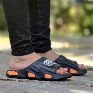 خرید اینترنتی دمپایی پسرانه و مردانه مدل فشیون طرح smile سبک و بی نظیر رنگ مشکی نارنجی نرم اصفهان